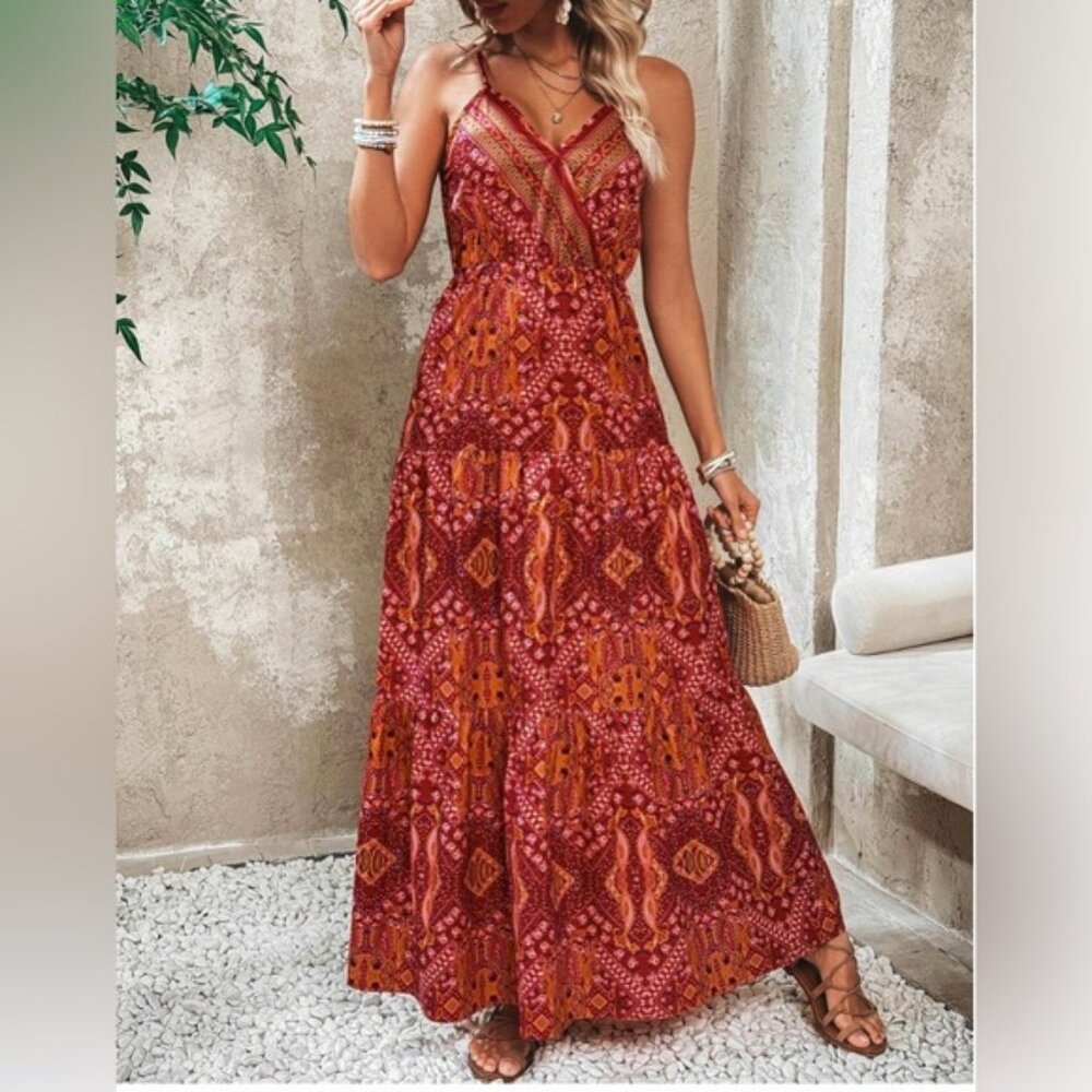Bohemian Paisley V-Neck Spaghetti Strap Maxi Dress